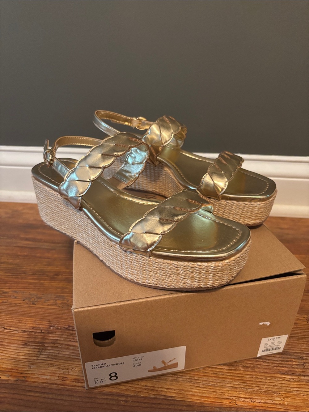 J. Crew Factory New Metallic Gold Braided Platform Espadrille Wedge Sandals